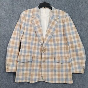Vintage Lee Blazer Mens Large Beige Blue Plaid Sport Coat Jacket 70s Wool‎ Blend